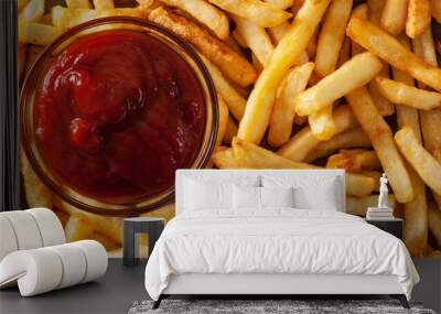 Delicious french fries and ketchup - top view Wall mural