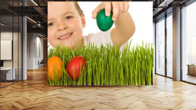 happy boy with easter eggs in the grass Wall mural