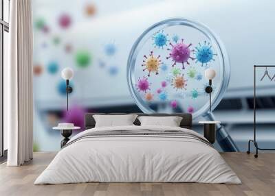 A close-up view through a magnifying glass shows colorful germs and microbes near an air conditioning unit. Wall mural