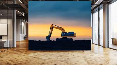 A silhouette of an excavator against a stunning sunset, showcasing the blend of machinery and nature at dusk. Wall mural