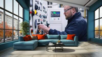 An engineer operates a control panel, focusing on precision and technology in a modern workspace. Wall mural