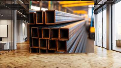 Close-up of stacked metal tubes in a warehouse, showcasing the industrial environment and equipment. Wall mural