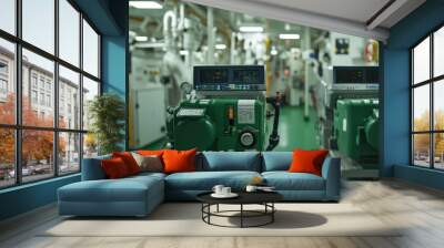 Industrial engine room featuring advanced machinery and equipment, showcasing a clean and organized workspace. Wall mural