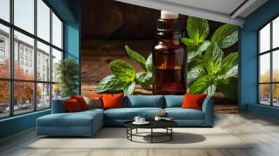 Peppermint Oil: A dark amber bottle of peppermint oil with a dropper cap, surrounded by a few sprigs of fresh peppermint leaves. The scene is set on a rustic wooden table, providing a fresh, natural f Wall mural