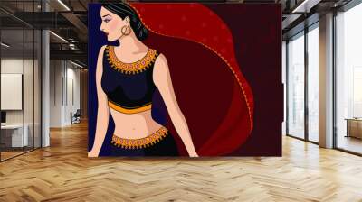 Portrait of Indian lady in traditional dress on the red background, leave blank space for you to put your message. Vector, Illustrator. Wall mural