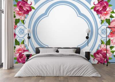 Vector Peony Flower on blue background, Chinese mix Art nouveau frame in Retro Style. Wall mural