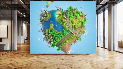 Heart shaped world showing a peaceful and sustainable lifestyle, green planet with clean energy and happy mood in sunny day as concept for love and peace. 3d render Wall mural