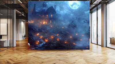 A haunted house on a hill, with glowing jack-o'-lanterns lining the pathway, eerie fog swirling around, and a full moon casting an ominous glow, dark and mysterious atmosphere Wall mural