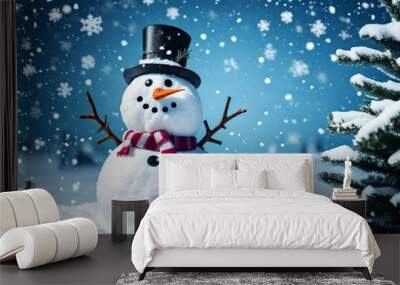 Cute Snowman with snow and tree in winter season on a isolated background Wall mural