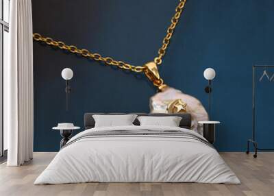 Golden crescent moon baroque pearl pendant with gold chain Wall mural