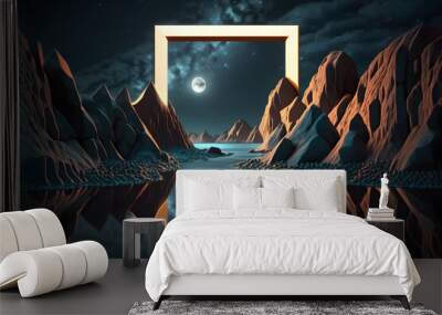 3d render of an abstract background with rhombus geometric shape, square frame and extraterrestrial landscape under the night sky. Rocks and water reflection. Futuristic minimalist wallpaper Wall mural