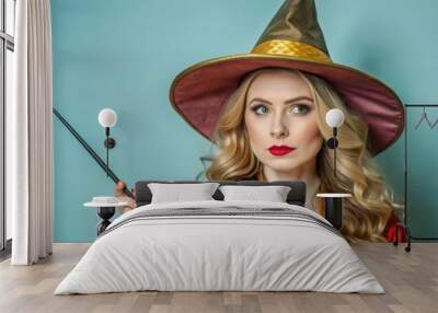 A Woman Dressed as a Witch Holding a Wand Wall mural