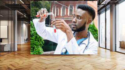 handsome african american medical doctor with two test tubes containing blood samples, with blurred  Wall mural