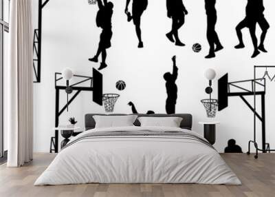 Black silhouettes of men playing basketball on a white backgroun Wall mural