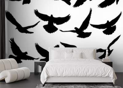 Concept of love or peace. Set silhouettes doves. Wall mural