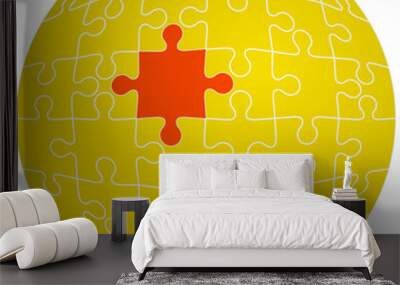 Jigsaw puzzle in the shape of a sphere with one red. Vector illu Wall mural