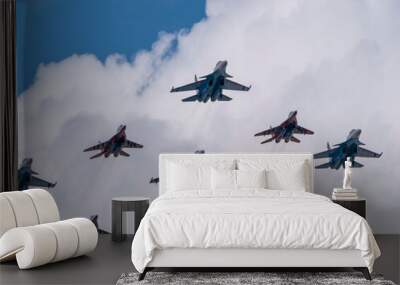 moscow, russia - may 7, 2021: avia parade in moscow. group jet fighter aircraft mig-35 and su-30 in  Wall mural