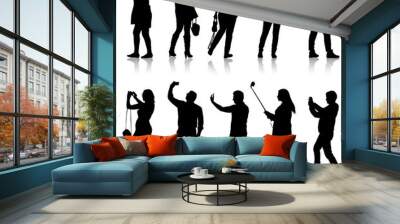 Set silhouettes man and woman taking selfie with smartphone on white background Wall mural