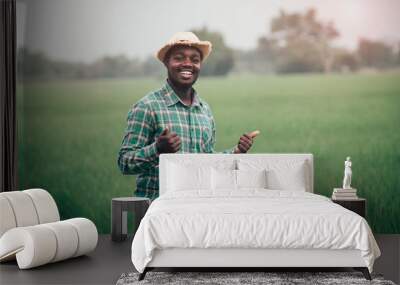 African farmer standing in organic rice field with smile and happy.Agriculture or cultivation concept. Wall mural