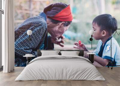 Asian senior woman and her grandson eating  watermelon with smile and happy Wall mural