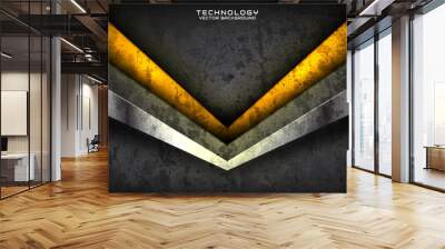 3D gray rough grunge techno abstract background overlap layer on dark space with sparkle yellow decoration. Modern graphic design element cutout style concept for banner flyer, card, or brochure cover Wall mural