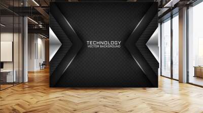 Abstract 3D black techno background overlap layers on dark space with white light effect decoration. Modern graphic design template elements for flyer, card, cover, brochure, or landing page Wall mural