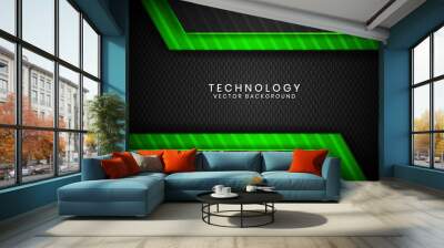 Abstract 3D black technology background overlap layers on dark space with green light effect decoration. Modern graphic design template elements for poster, flyer, brochure, or banner Wall mural