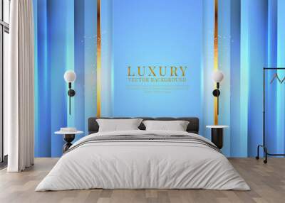 Abstract 3D blue luxury background with golden lines style. Overlap layers on bright space with glitter dots decoration. Modern graphic template elements for banner, poster, flyer, cover, or brochure Wall mural