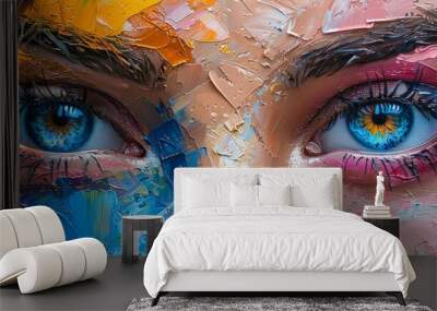 A close-up of two eyes, one blue and the other brown, is set against a vibrant abstract background, creating a striking and colorful composition that captures attention. Wall mural