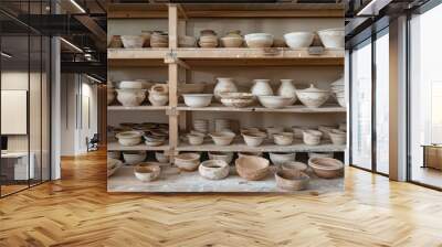 Art studio shelves filled with unglazed clay pots and ceramics, emphasizing the raw and creative aspect of the ceramic art process. Wall mural