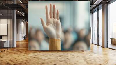 Blurred background of group learning with Asian people raising hands in class, highlighting business development and education technology Wall mural