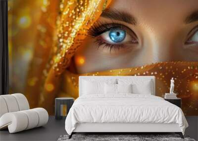 Captivating close-up of a woman with striking blue eyes, adorned in a shimmering gold scarf, radiating elegance and mystery. Wall mural