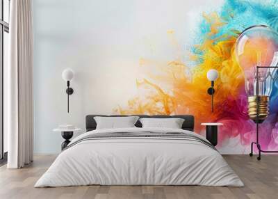 Creative concept of colorful explosion from light bulb, bright idea or inspiration and innovation with copy space for text on grey background. Wall mural