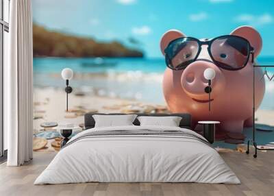 piggy bank wearing sunglasses on the beach, surrounded by coins with beautiful sea background, representing the travel concept of financial savings a vacation trip or summer holiday business Wall mural