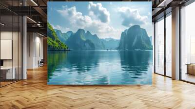 Ha Long Bay, Halong bay World Heritage Site, limestone islands, emerald waters with boats in Quảng Ninh province, Vietnam. Travel destination, natural wonder landscape background wallpaper Wall mural