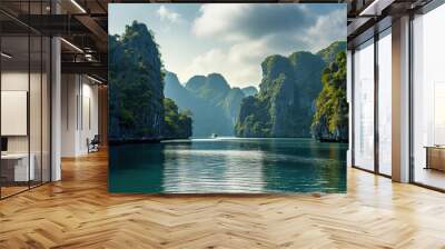 Ha Long Bay, Halong bay World Heritage Site, limestone islands, emerald waters with boats in Quảng Ninh province, Vietnam. Travel destination, natural wonder landscape background wallpaper Wall mural