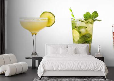 set bundle of colorful exotic refreshing cold cocktails PNG transparent background isolated graphic resource. Cosmopolitan, Margarita, Old fashioned, Mojito with citrus fruit and ice Wall mural