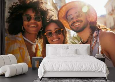 Young diverse group of friends smiling, friendship, summer vacation travel, happy vibes, lifestyle valuable experiences, bonding, social activity Wall mural