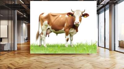 cow on a green meadow. Cow With grass in white background, red and white cow in field  Wall mural