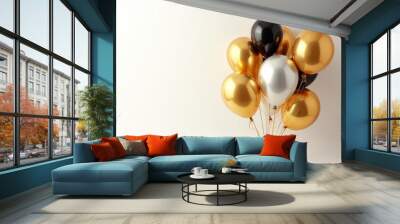 golden party balloons with ribbon in white background, ballon isoated in white background , birhtday decoration  Wall mural