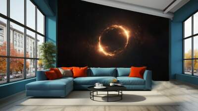 Bright fiery orange particles go round and round. A circle of fiery particles. An attractive glow like an eclipse of the sun. Wall mural