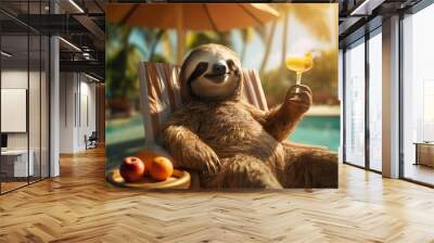 A funny sloth relaxes on a lounge chair by the pool, enjoying a tropical cocktail and the warm sun. Concept of relaxation and fun at an all-inclusive hotel resort Wall mural