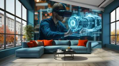 A male engineer wearing a VR headset interacts with a detailed holographic model, showcasing advanced virtual reality technology for mechanical design in an industrial setting.  Wall mural