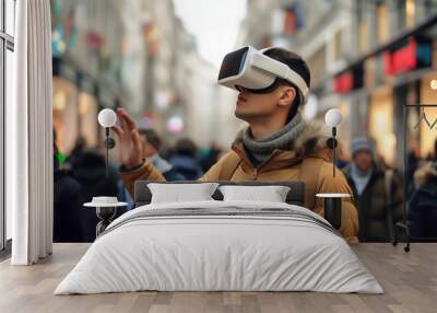 A man wearing VR headset, uses gesture control for augmented reality applications on a lively street. Spatial computing and AR technology concept  Wall mural