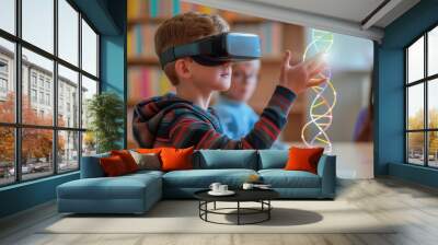 A young boy at school with a VR headset, using spatial technology to study and interact with a 3D holographic DNA strand, illustrating augmented reality's role in education. Wall mural