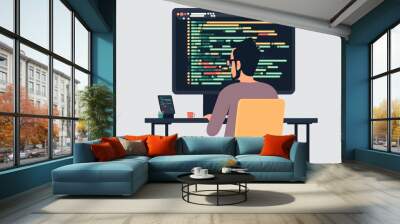 Back view cartoon illustration of coder at office table working on big computer screen, writing script or code for game or application software. Generative AI Wall mural