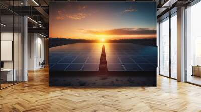 Landscape of hundreds solar panels power plant on sun rise. Photovoltaic cells farm using renewable solar energy with sun. Concept of sustainable resources. Generative AI Wall mural