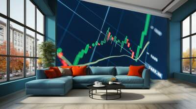 Stock market chart with green candlesticks going up indicating crypto rising in value. Graphical representation of volumes and time intervals of digital cryptocurrency past price movements Wall mural