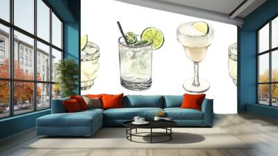 Summer cocktail set, spicy lime margarita in a short and tall glass and pepper jalapeno. Watercolor hand-drawn illustration isolated on white background. Perfect for recipe alcoholic lists with drinks Wall mural