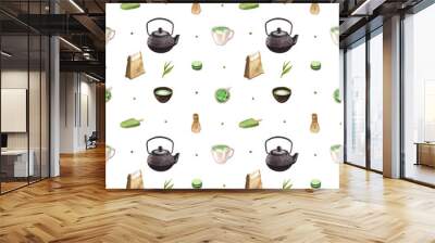 Watercolor seamless pattern matcha tea and coffee elements. Hand-drawn illustration isolated on white background. Perfect concept for cafe, restaurant, menu Japanese tea ceremony Wall mural